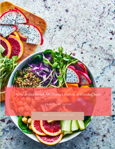Healthy food bowl with dragon fruit and vegetables on a textured surface, featuring a self-care guide overlay.